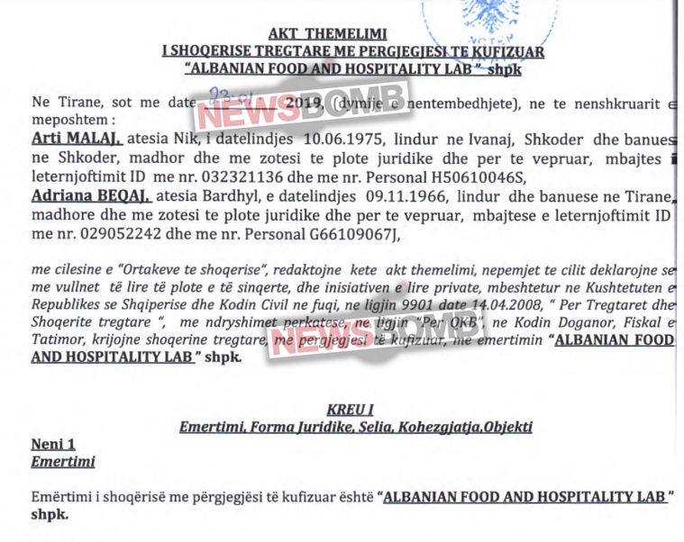 Akti i themelimit te kompanise Albanian Food