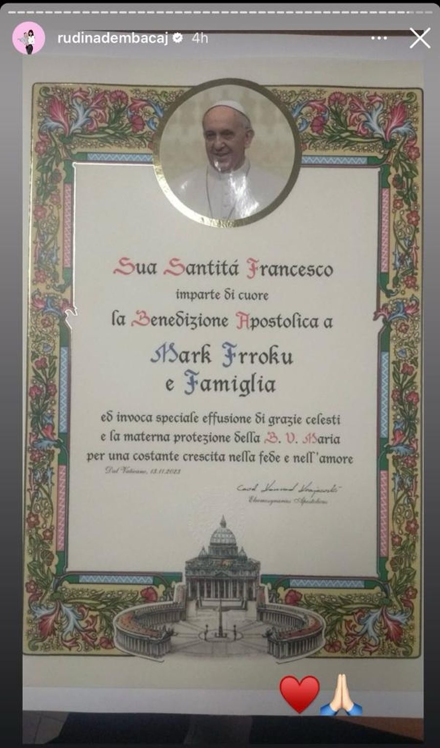 FOTO/ Rudina Dembacaj dhe Mark Frroku marrin bekimin nga Papa Françesku!