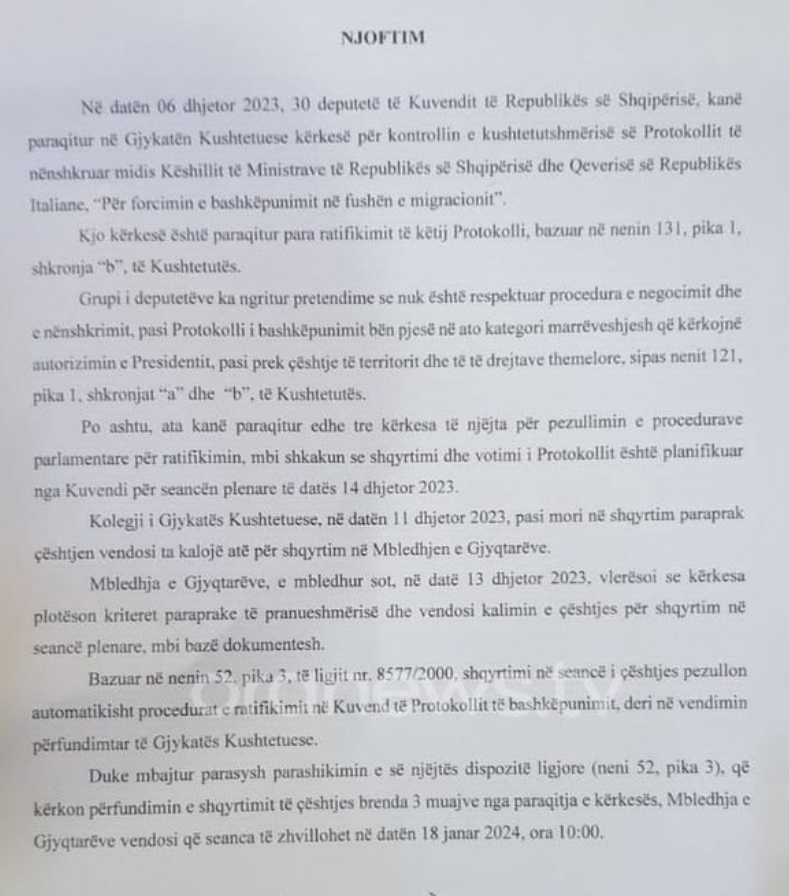 Vendimi i Gjykates Kushtetuese per shqyrtimin e marreveshjes me Italine