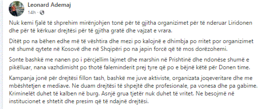 Rrëqeth vëllai i Liridonës: Nana thotë faleminderit që