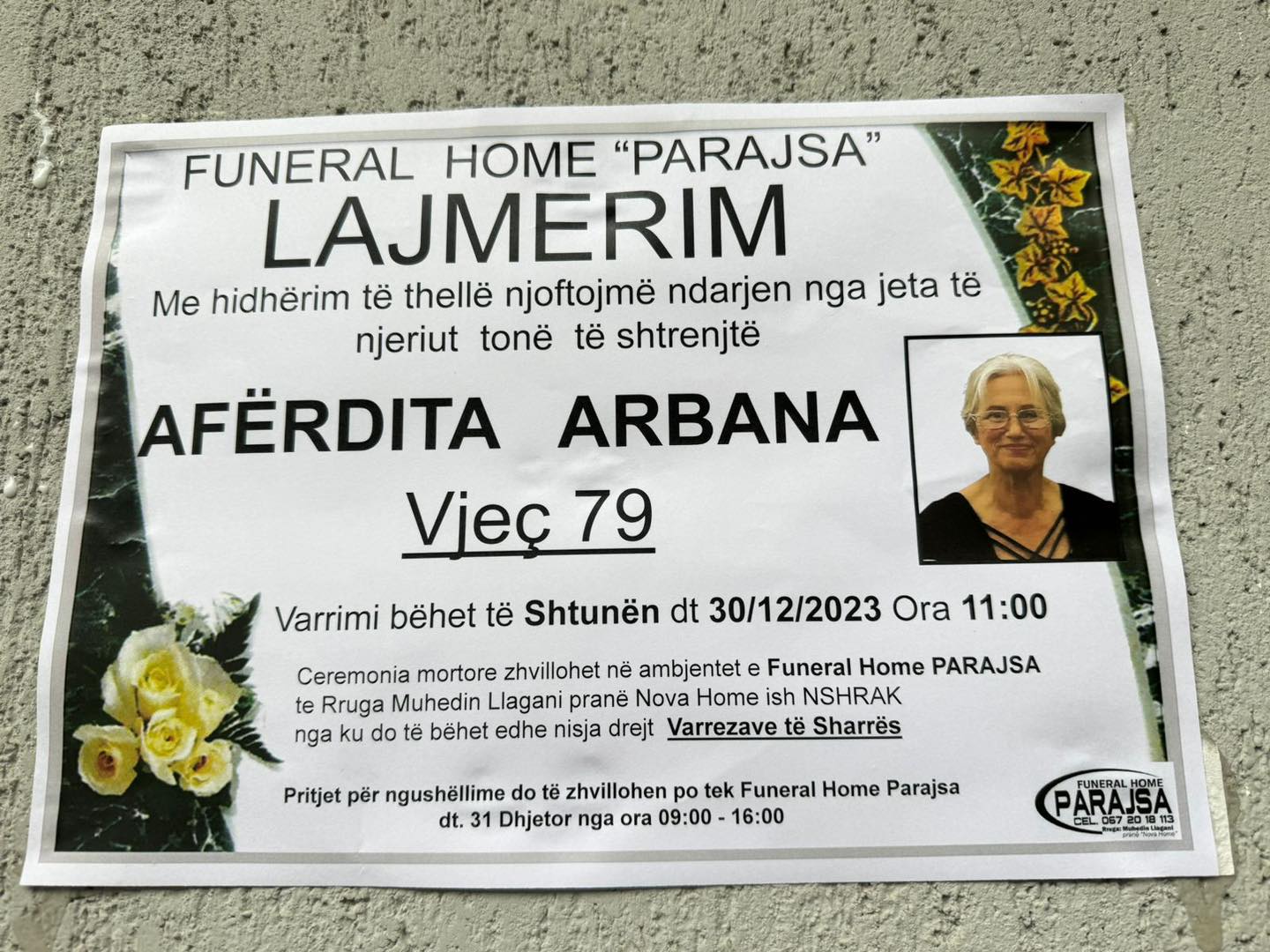 Lajmi per ndarjen nga jeta te Drita Arbanes