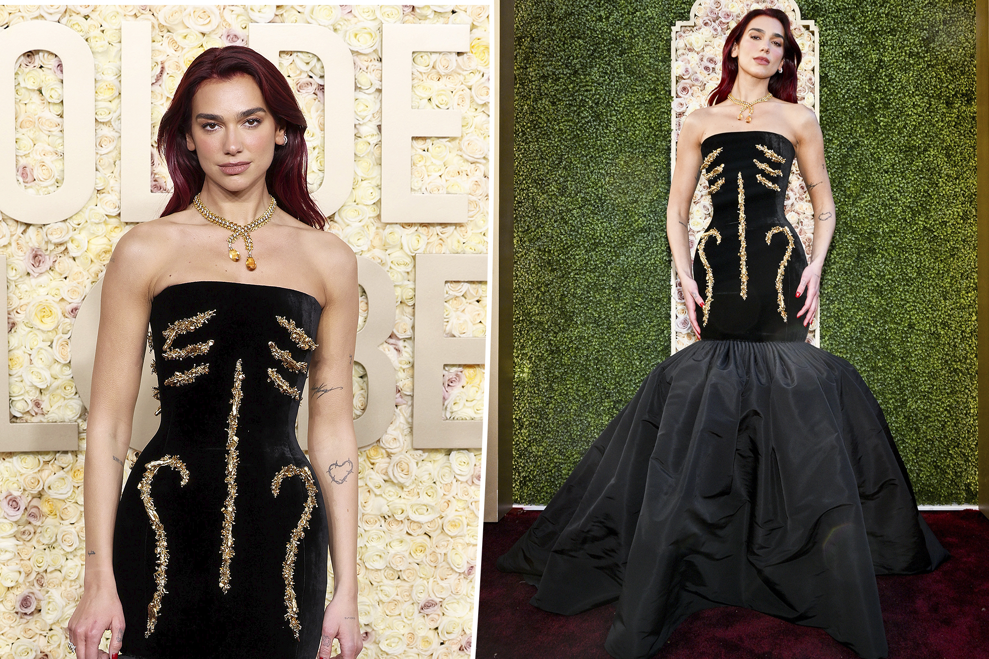 Dua Lipa is covered in glamorous gilded bones on Golden Globes 2024 red  carpet