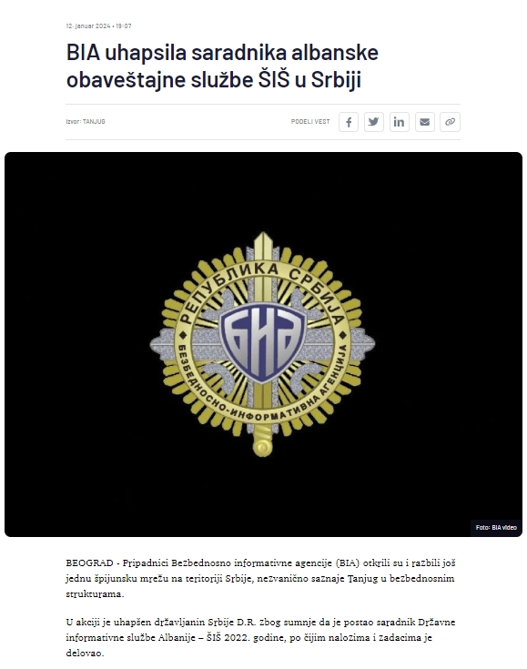 Artikulli i publikuar nga nje nga mediat serbe, Tanjug