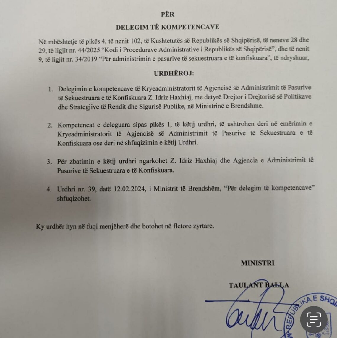 Dokumenti per urdhrin e Ministrit te Brendshem, Taulant Balla