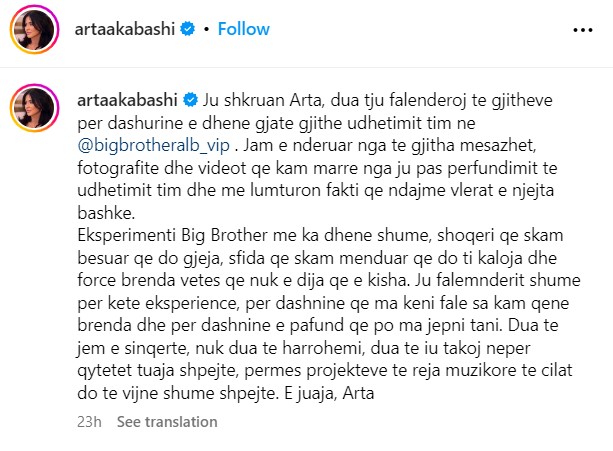 Postimi i Artës për të cilën flet Vesa brenda shtëpisë së Big Brother Vip/ © Credits: instagram.com/artaakabashi