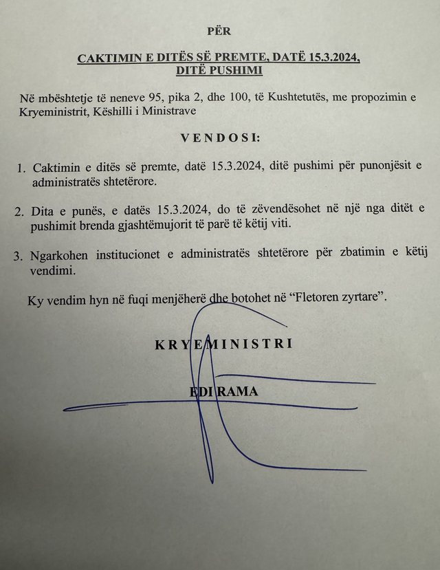 Administrata pushim nga e enjtja deri të dielën. Rama e lajmëron