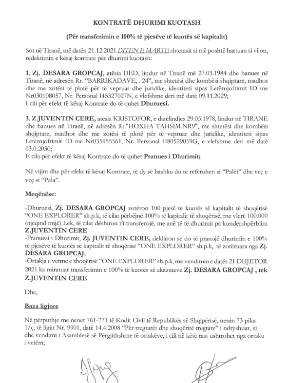 Desara Gropçaj vendos t'i dhuroje kompanine me kapital miliona lek Juventin Ceres