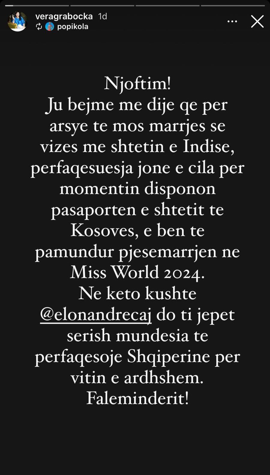 Shtyhet me një vit pjesëmarrja e përfaqësueses së