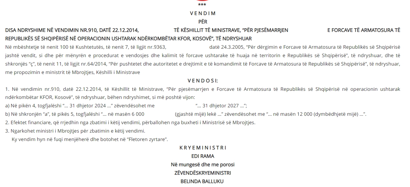 Vendimi per kohezgjatjen e qendrimit te trupave shqiptare ne KFOR