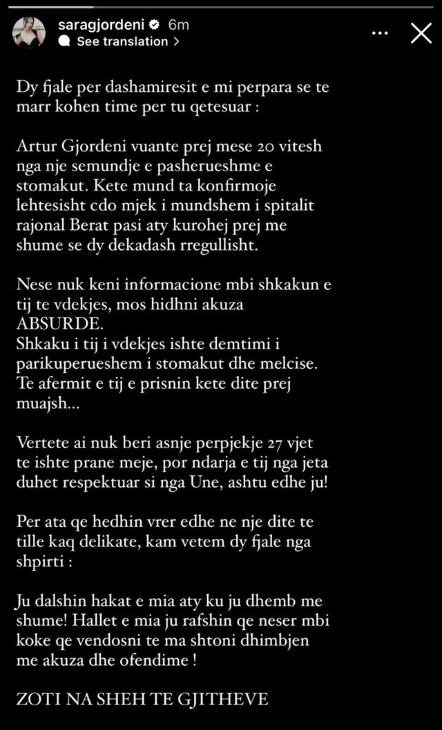 Sara Gjordeni reagon pas ndarjes nga jeta të të atit