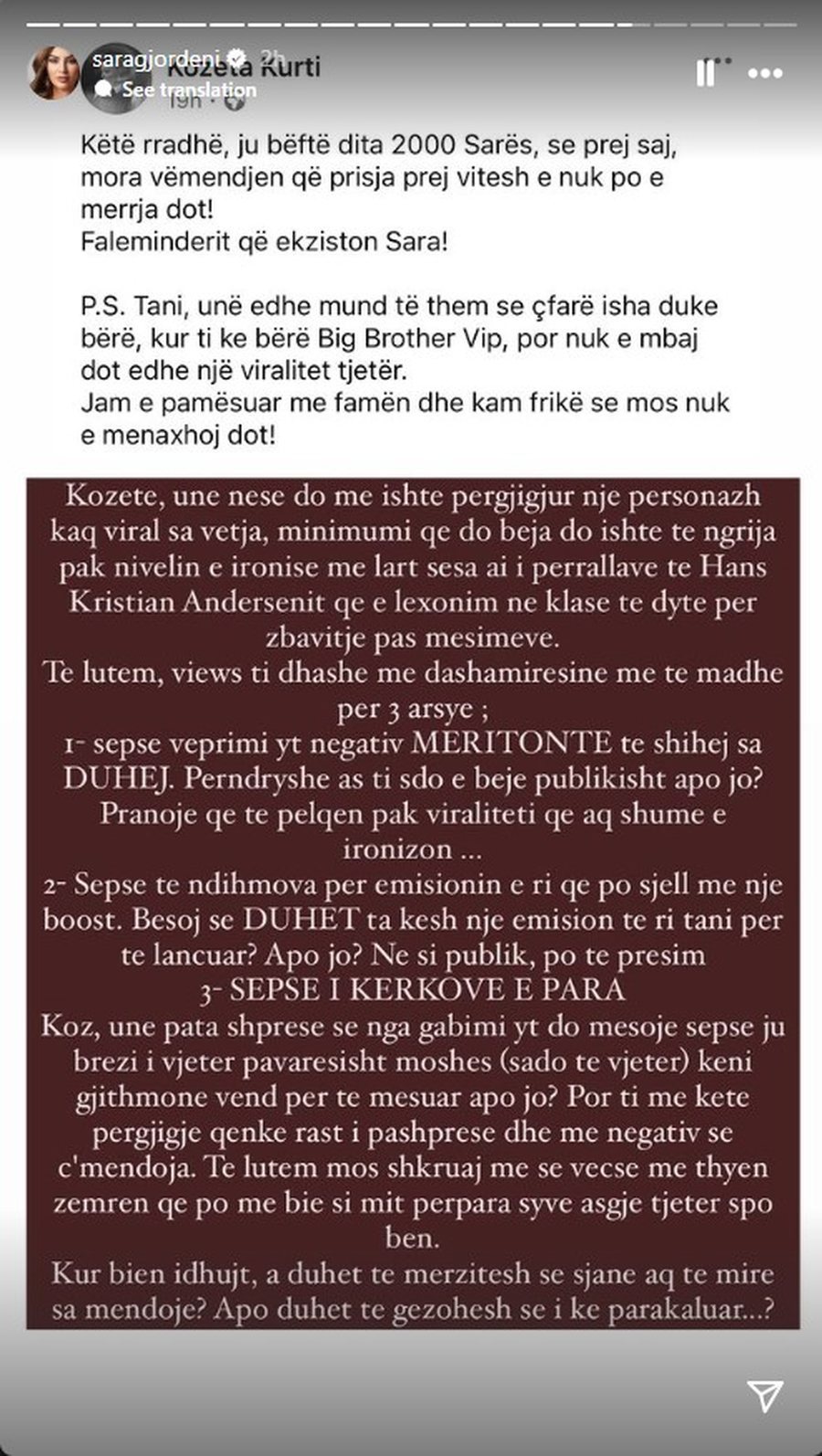 Vazhdon sherri virtual, Sara Gjordeni i përgjigjet Kozeta Kurtit: