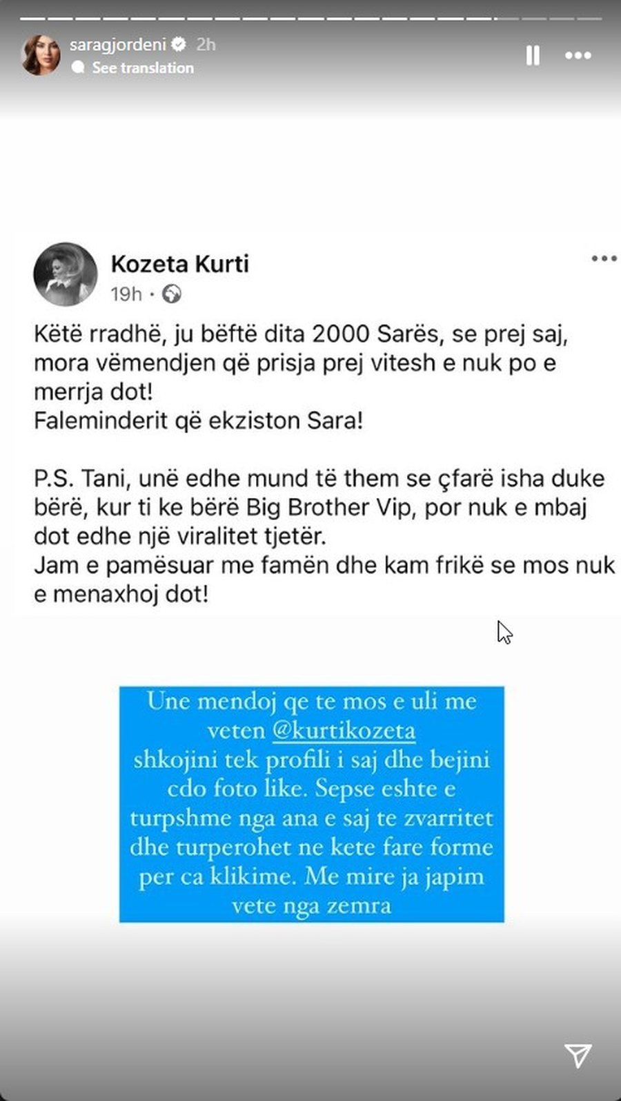 Vazhdon sherri virtual, Sara Gjordeni i përgjigjet Kozeta Kurtit: